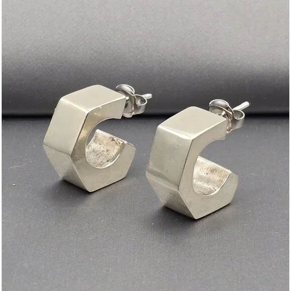 Sterling Silver Geometric C-Hoop Earrings Bold .75" Modern Hexagon Design - Picture 1 of 13